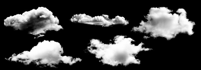 Fluffy white clouds isolated on black background, showcasing various shapes and textures