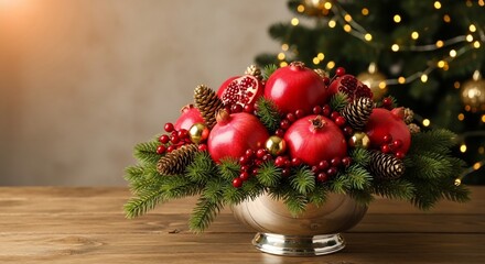 Silver bowl centerpiece with pomegranates pine cones berries fir and ornaments before a Christmas tree wooden table