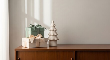 Stacked gift boxes and a ceramic tree adorn a wooden cabinet against a neutral wall with light streaks