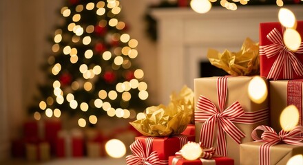 Stacked Christmas gifts in red  tan paper sit by a blurred tree with string lights in a festive indoor setting