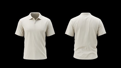 Front and back view of a light beige classic men's polo shirt with short sleeves and collar, isolated on a black background.