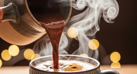 Steaming chocolate pours from mug into another with bokeh and cinnamon