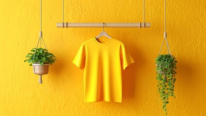 Vibrant yellow t-shirt on a wooden hanger, displayed against a textured yellow wall with two green potted plants.