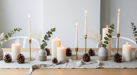 Table centerpiece lit candles in holders small vases with greenery pine cones and a grey runner on a wooden surface