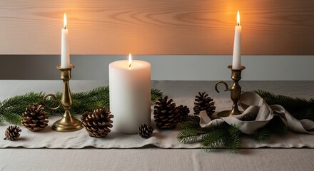 Table centerpiece white candles in brass holders pine branches pinecones and linen fabric