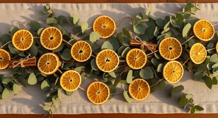 Table centerpiece with dried orange slices cinnamon sticks and eucalyptus leaves on a lightcolored linen runner