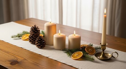 Table centerpiece with lighted candles pinecones dried oranges and greenery on a white runner