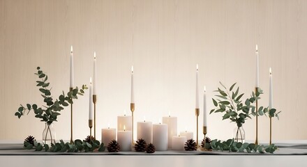 Table centerpiece with lit candles in gold holders pinecones and green eucalyptus branches in glass vases on a white surface