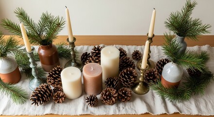 Table centerpiece with pine candles pinecones and vases on a linen runner
