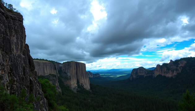Breathtaking mountain pass in golden hour light with misty atmosphere