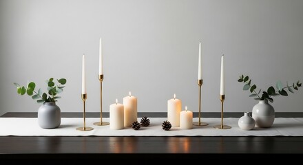 Table set with lit pillar candles candlesticks pinecones vases and eucalyptus branches on a white runner