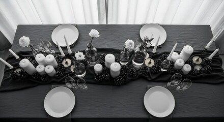 Table set with plates candles flowers in vases pine cones on dark runner