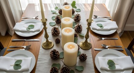 Table set with plates silverware napkins candles pinecones eucalyptus on a linen runner