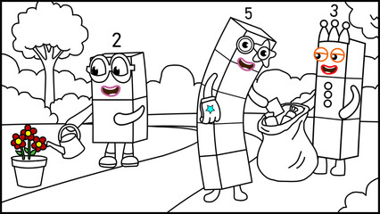 illustration of a coloring picture of children working together