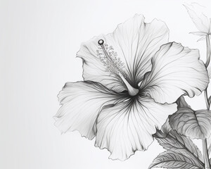 Monochrome hibiscus drawing isolated on white background, showcasing the delicate details of the petals and leaves, a timeless representation of natures beauty