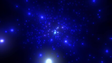 Abstract deep blue cosmic field with glowing particles radiating from a dark space background