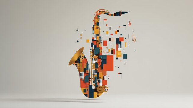 Minimalist saxophone piano keys illustration, floating musical notes, soft gradient, International Jazz Day, creative rhythm concept, blank space for text