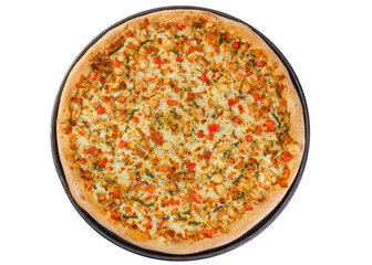 Freshly baked chicken pizza with melted cheese, diced red peppers and herbs on thin crust. 