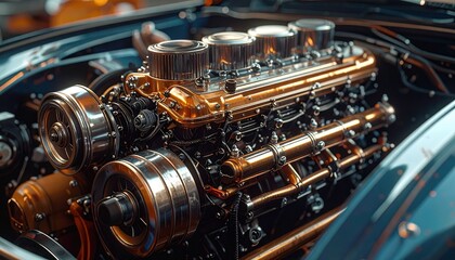 Close-up of a classic car engine showcasing intricate mechanical details and gleaming metal components.
