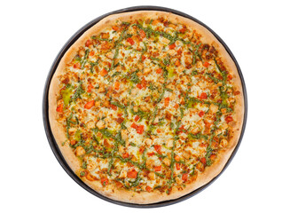 Freshly baked chicken pizza with melted cheese, diced red peppers and drizzled green pesto on thin crust. 