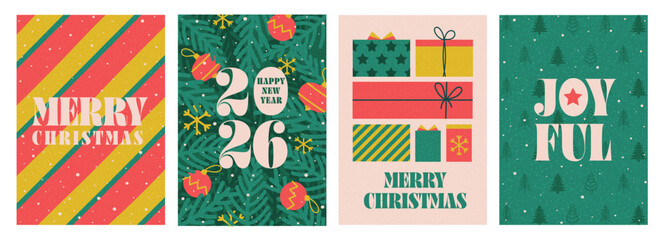 Set of Christmas and Happy New Year Floral Card templates. Christmas cards design with ornaments of branches, balls and ornaments. Modern minimal art poster, flyer, banner. Vector Illustration