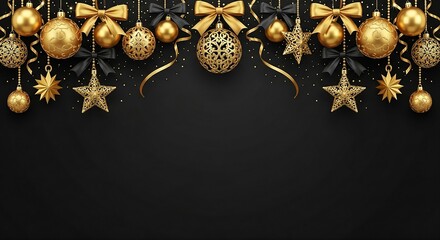 Elegant Black and Gold Festive Background with Decorative Ornaments and Bows