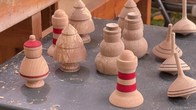 Wooden spinning tops and handmade crafts displayed on table at outdoor fair. One top spinning while others stand still. Filmed in Bad Sassendorf, NRW, Germany, Oct 11, 2025.