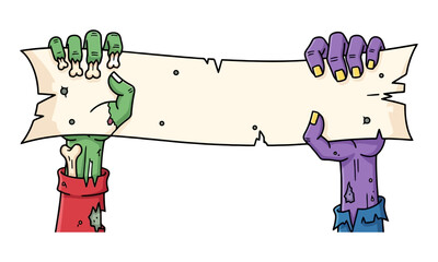 Spooky zombie hands holding a blank wooden sign for halloween and horror themed content