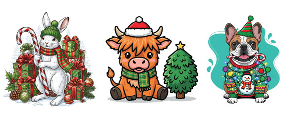 Adorable christmas farm animals and festive holiday decorations perfect for winter celebrations
