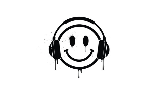 Naklejki Black and white graffiti-style smiley face wearing headphones with dripping paint effects, symbolizing urban music and expressive art.