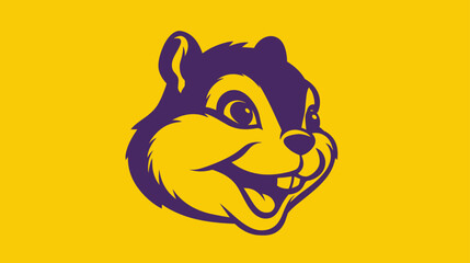Smiling cartoon squirrel head illustration with big teeth, a cheerful purple rodent character on a vibrant yellow background, cute mascot design.