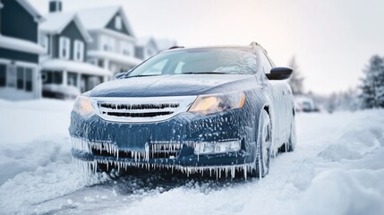 Car covered in snow and ice on residential driveway in winter, concept of cold weather, transportation and seasonal conditions
