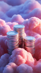 Stacks of silver coins rise among fluffy pink clouds, creating a surreal financial landscape.
