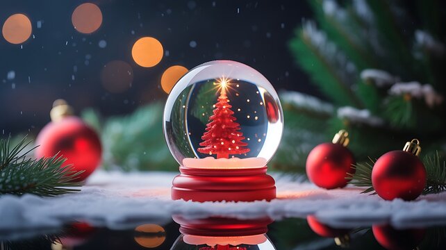Crystal Snow Globe with Red Christmas Tree and Snowflakes