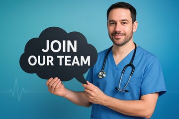 Smiling medical professional holding a "Join Our Team" recruitment sign, inviting aspiring healthcare workers to a fulfilling career journey