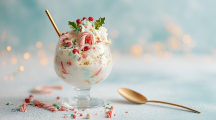 Christmas ice cream dessert with candy canes and colorful sprinkles in glass, concept of festive food, winter holiday sweets and celebration