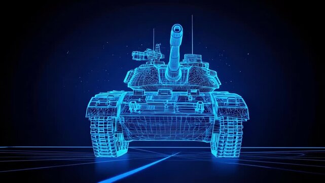 Futuristic wireframe design of military tank blueprint with technological details