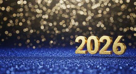 Sparkling golden 2026 numerals for the new year on a blue glitter surface against a blurred bokeh background
