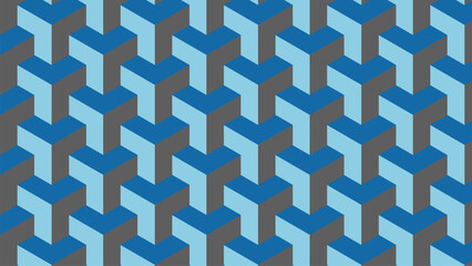 Seamless geometric abstract pattern of repeating blue 3d cubes with shading and depth vector