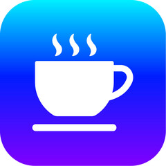 Modern Blue Purple Gradient Icon of a Hot Tea or Coffee Cup Symbol on a Rounded Square Button.