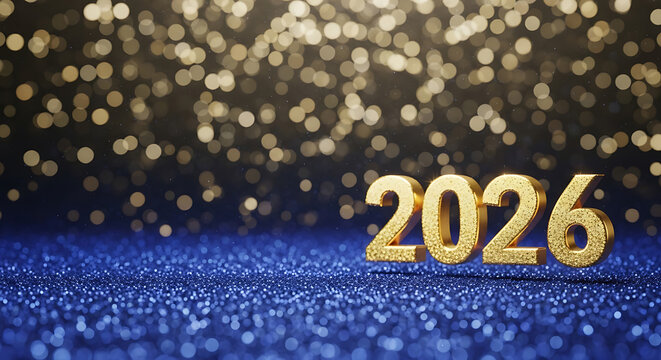 Sparkling golden 2026 numerals for the new year on a blue glitter surface against a blurred bokeh background