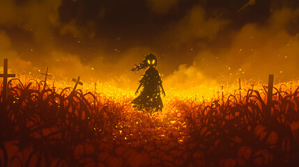A haunting silhouette of a ghostly figure walking through a pumpkin patch at night