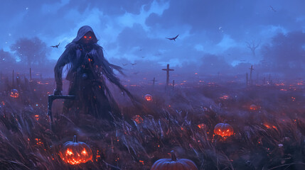 A haunting image of glowing pumpkins scattered in a dark, misty field