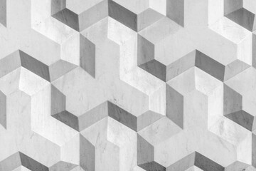 Geometric concrete wall pattern with three-dimensional cubic design in grayscale