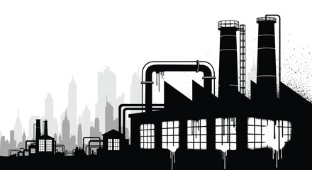 Obraz premium Grungy black and white silhouette of an industrial factory with prominent pipes and smokestacks, set against a distant urban skyline.