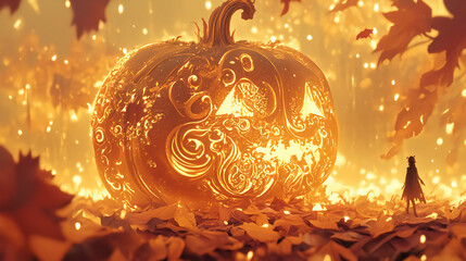 A large pumpkin carved intricately, glowing inside, sitting amidst autumn leaves