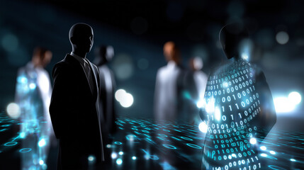 Faceless researchers surrounded by digital glow, reflections of binary code and world grid lights softly out of focus, with copy space.