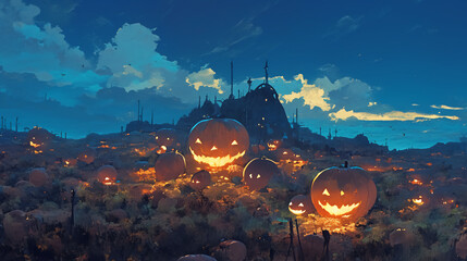 A large pumpkin patch, vibrant orange pumpkins scattered around, eerie night sky above