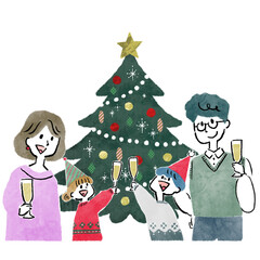 クリスマスツリーの前で乾杯する4人家族のイラスト　クリスマスパーティー
