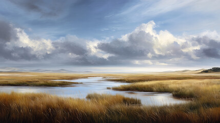 A beautiful, sun-drenched spring summer meadow. Natural colorful panoramic landscape with many wild flowers of daisies against blue sky. A frame with soft selective focus.